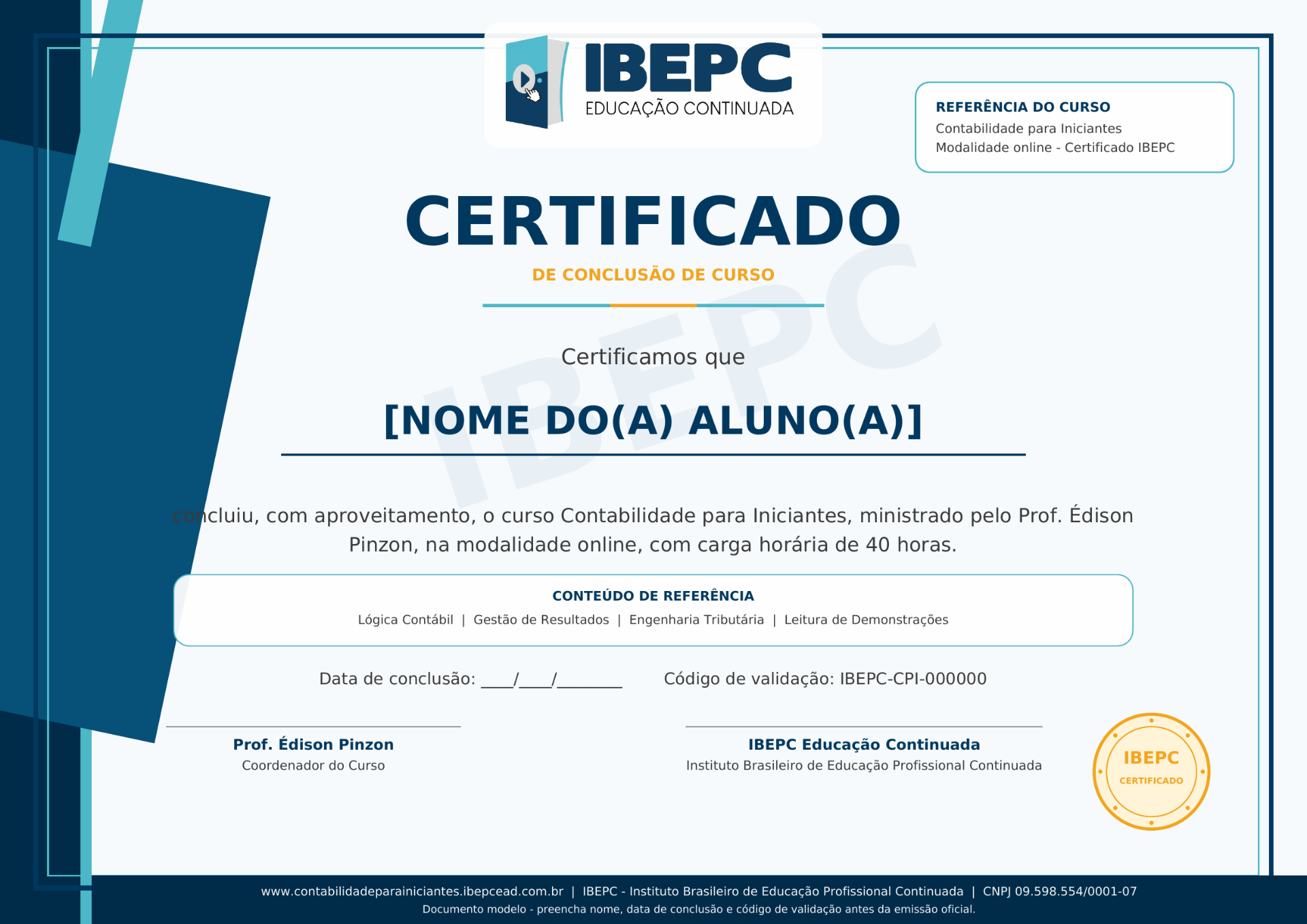 Certificado do curso Contabilidade para Iniciantes